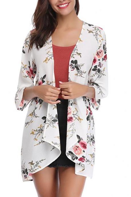 Women Casual Kimono Cardigan Half Sleeve Summer Chiffon Loose Floral Printed Coat Jacket Off White