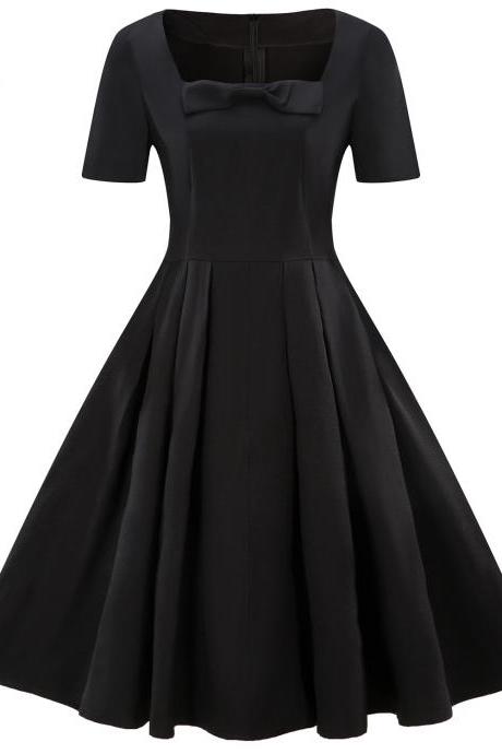 Plus Size Vintage Dress Short Sleeve Bow Square Neck Women A Line Work Party Dress black