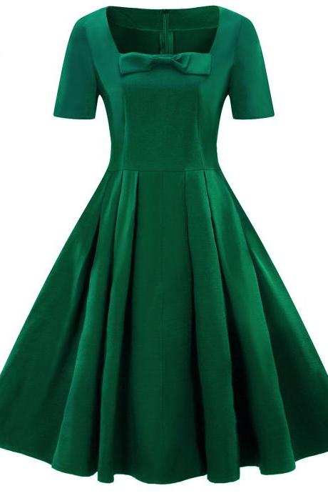  Plus Size Vintage Dress Short Sleeve Bow Square Neck Women A Line Work Party Dress green