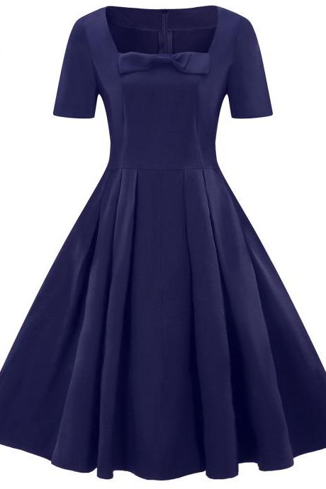 Plus Size Vintage Dress Short Sleeve Bow Square Neck Women A Line Work Party Dress navy blue