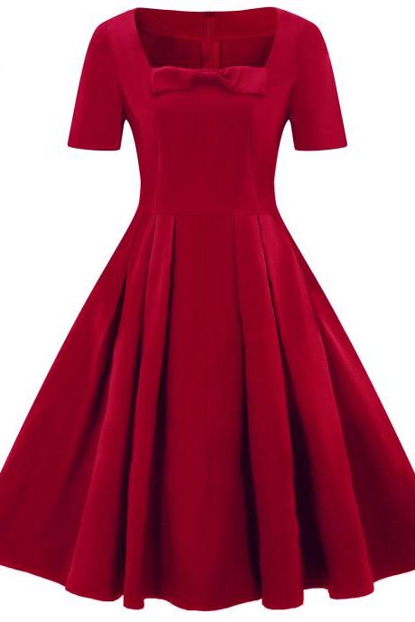 Plus Size Vintage Dress Short Sleeve Bow Square Neck Women A Line Work Party Dress red