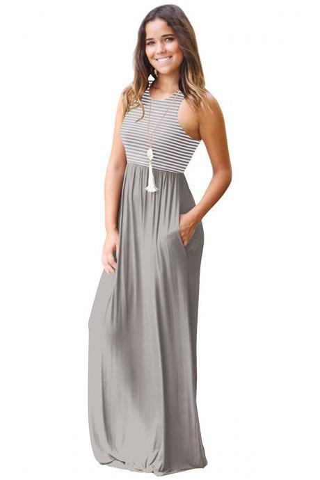 Women Boho Maxi Dress Sleeveless Summer Beach Striped Patchwok Long Sundress gray