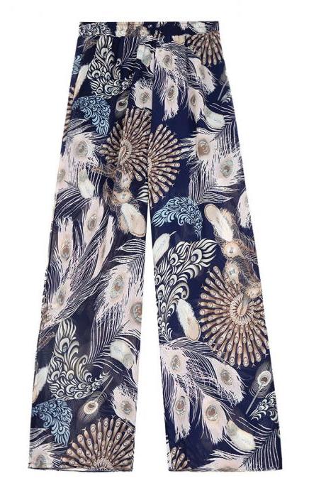 Women Chiffon Loose Casual Pants High Waist Summer Side Split Floral Printed Wide Leg Trousers 7#