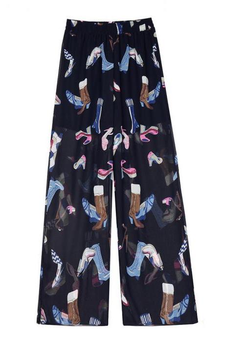 Women Chiffon Loose Casual Pants High Waist Summer Side Split Floral Printed Wide Leg Trousers 9#