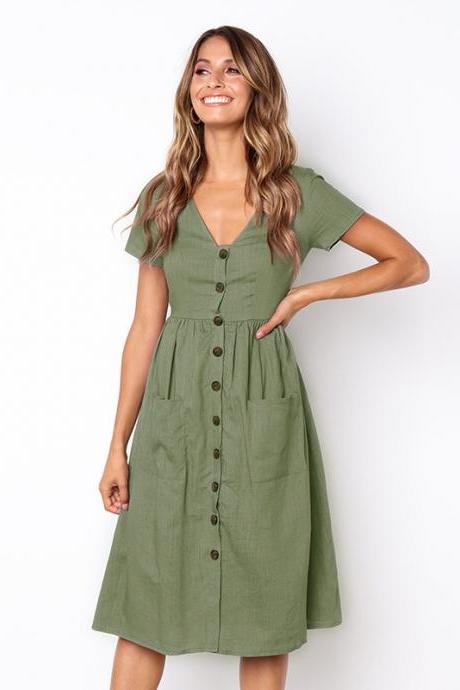 Women Casual Dress Short Sleeve V Neck Button Pockets Summer A Line Party Dress Green