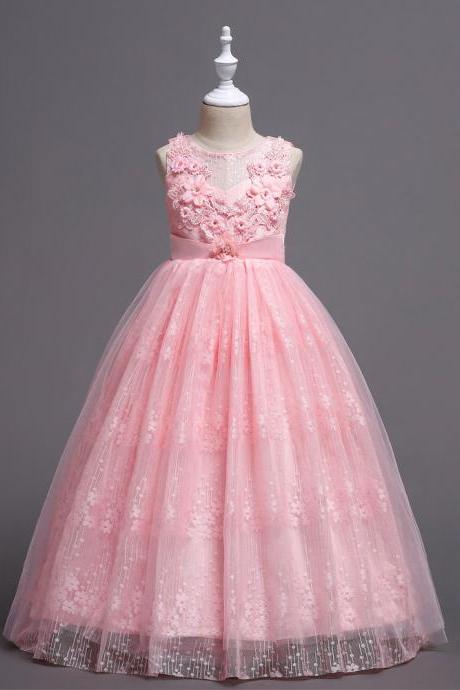Long Lace Flower Girl Dress Teens Wedding Princess Party Birthday Gown Children Clothes pink