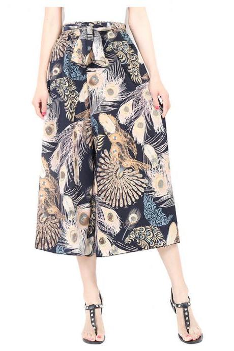Women Floral Print Wide Leg Pants Boho Summer Beach High Waist Loose Casual Trousers Blue Feather