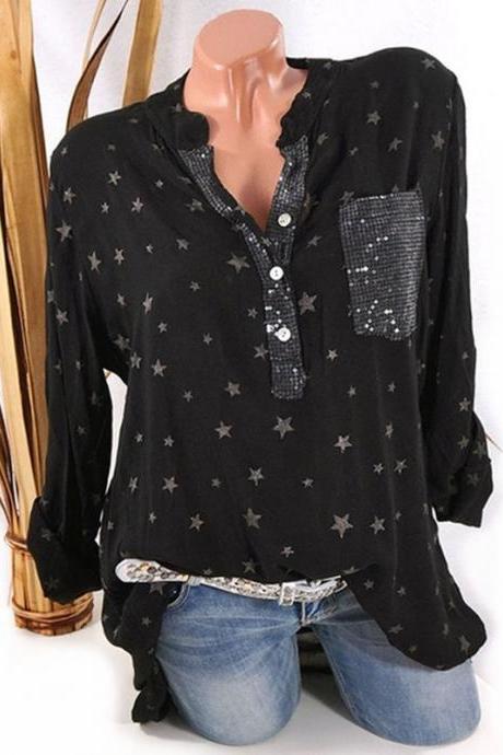  Women Star Printed Blouse Long Sleeve Sexy V Neck Loose Casual Plus Size Top Shirt black
