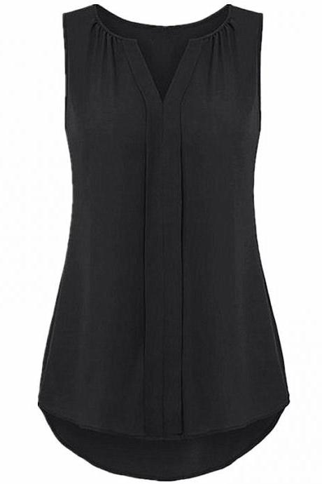Women Chiffon Sleevless Blouse Summer V Neck Tank Tops Plus Size Loose T Shirt black 