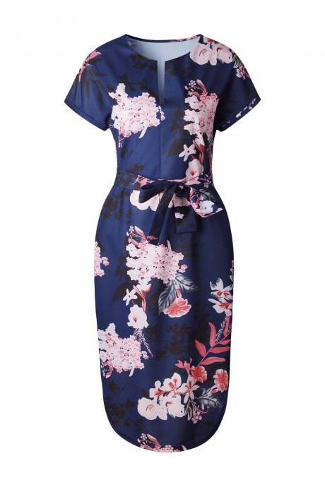  Women Asymmetrical Casual Dress Short Sleeve V Neck Belted Floral Print Midi Party Dress5#