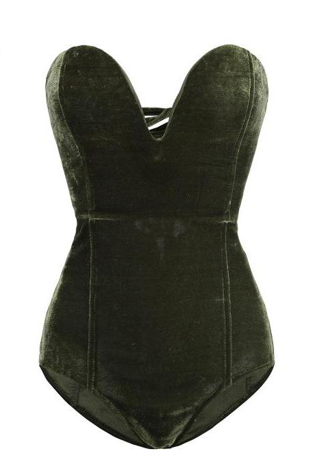 Army Green Strapless Sweetheart Velvet Bodysuit Featuring Lace-Up Back