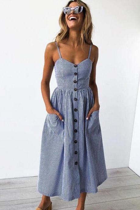  Women Midi Casual Dress Spaghetti Strap Button Pocket Boho Summer Beach Striped Sundress 1#