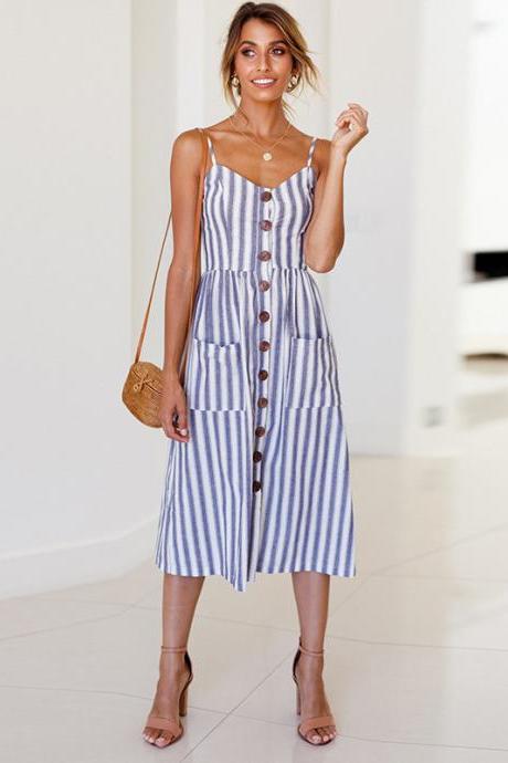 Women Midi Casual Dress Spaghetti Strap Button Pocket Boho Summer Beach Striped Sundress 33