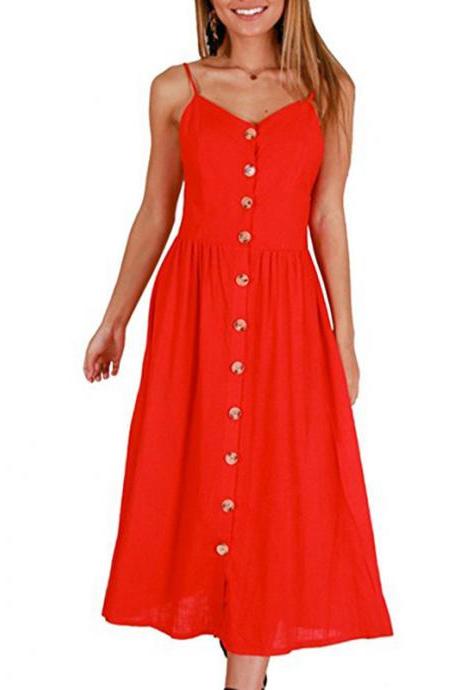 Women Midi Casual Dress Spaghetti Strap Button Pocket Boho Summer Beach Striped Sundress 4#