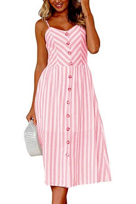 Women Midi Casual Dress Spaghetti Strap Button Pocket Boho Summer Beach Striped Sundress 9#