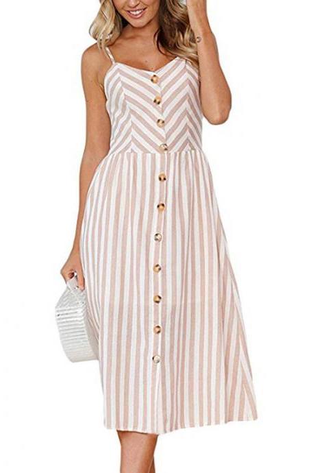 Women Midi Casual Dress Spaghetti Strap Button Pocket Boho Summer Beach Striped Sundress 10#