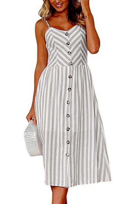  Women Midi Casual Dress Spaghetti Strap Button Pocket Boho Summer Beach Striped Sundress 11#