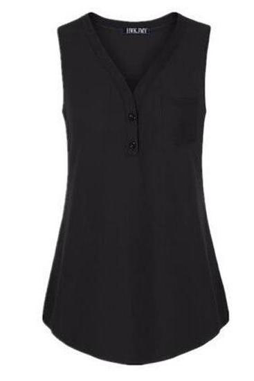 Women Tank Top V Neck Summer Vest Top Button Casual Blouse Sleeveless T Shirt black