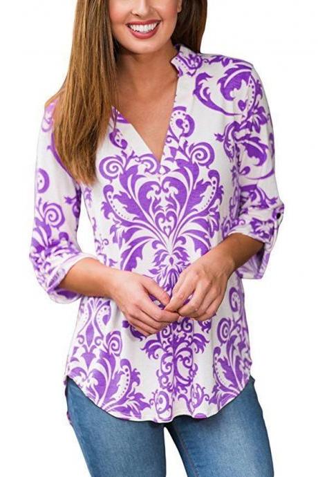 Women Floral Printed Blouse Long Sleeve V Neck Plus Size Casual Loose Tops Shirt Purple