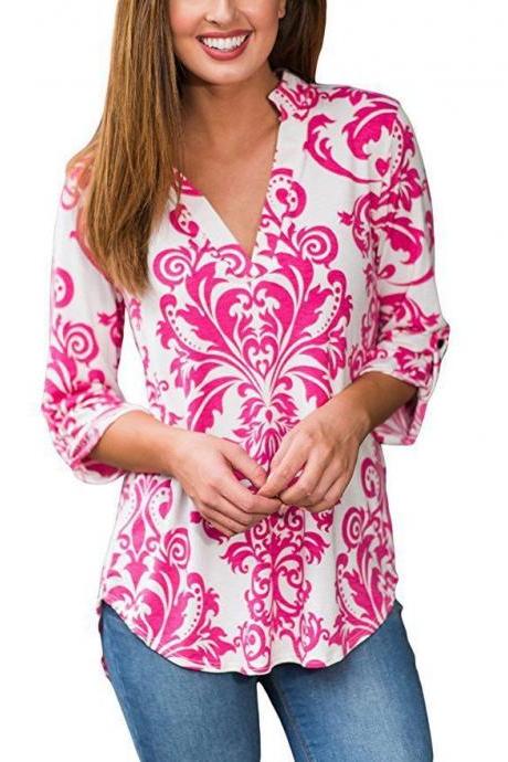 Women Floral Printed Blouse Long Sleeve V Neck Plus Size Casual Loose Tops Shirt Red