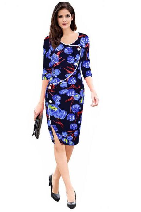 Womens Floral Printed Pencil Dress 3/4 Sleeve Button Split Business Office Bodycon Work Party Dress Blue Floral