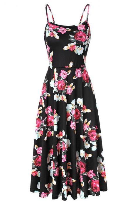 Boho Floral Printed Casual Dress Spaghetti Strap Women Summer Beach Party Dress#
