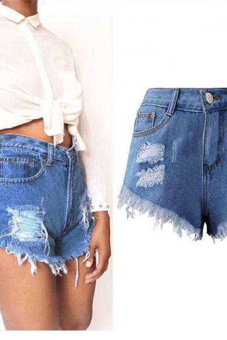 Women Denim Shorts High Waist Ripped Tassels Summer Casual Mini Jeans Shorts Blue