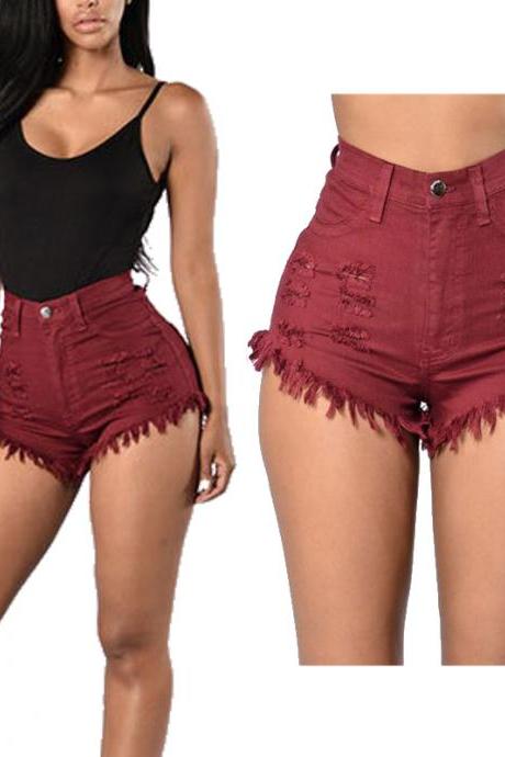 Women Denim Shorts High Waist Ripped Tassels Summer Casual Mini Jeans Shorts wine red