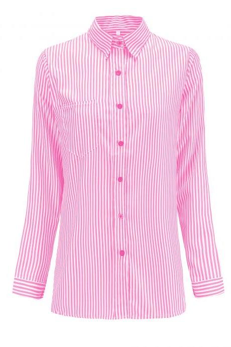 Women Striped Shirt Long Sleeve Turn-Down Collar Work Office Casual Loose Top Blouses pink