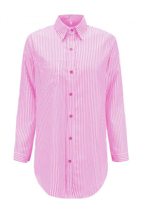 Women Striped Shirt Long Sleeve Turn-Down Collar Work Office Casual Loose Top Blouses pink 1#