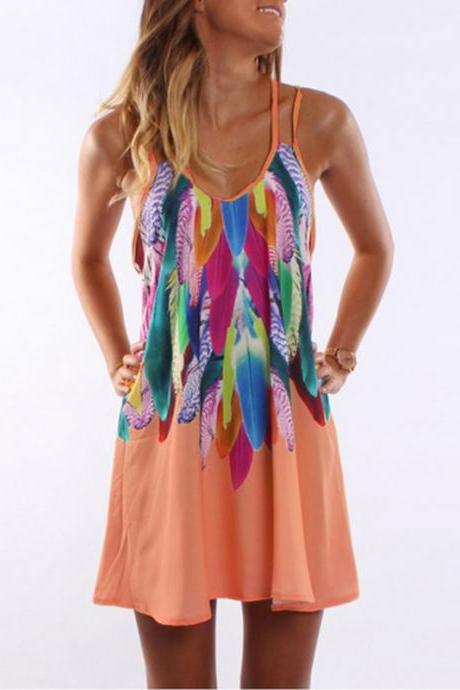Women Floral Printed Mini Party Dress Spaghetti Strap Summer Beach Casual Sundress Orange