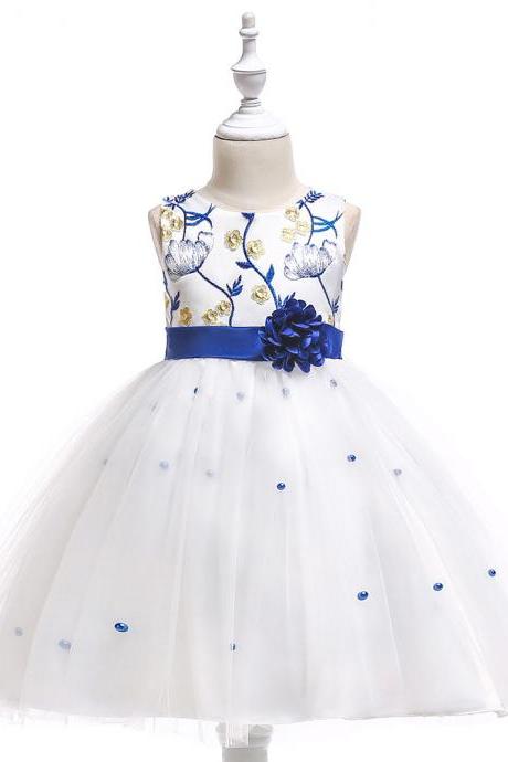  Embroidery Flower Girl Dress First Communion Birthday Party Gown Children Clothes royal blue