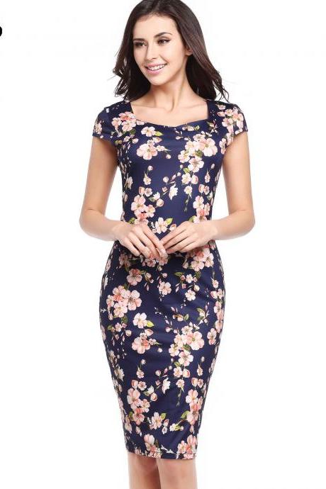 Women Pencil Dress Short Sleeve Floral/Polka Dot Bodycon Slim Work Office Party Dress 729-6