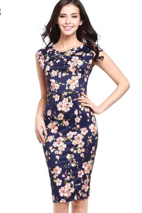 Women Floral Printed Pencil Dress Cap Sleeve Slim Bodycon Work Office Party Dress 734-3#