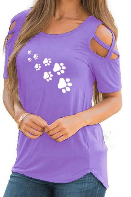  Women T-Shirt Summer Short Sleeve Casual Printed Loose Off the Shoulder Tee Tops lilac footprint