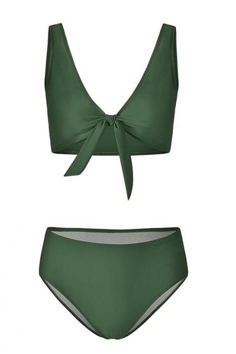 Women Bikini Set Summer Deep V Neck Bow Swimsuit Swimwear Two Piece Set Bathing Suit Army Green