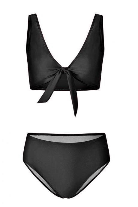 Women Bikini Set Summer Deep V Neck Bow Swimsuit Swimwear Two Piece Set Bathing Suit Black