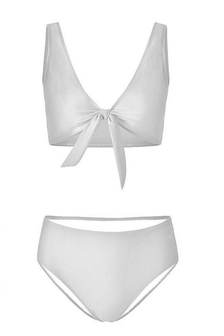 Women Bikini Set Summer Deep V Neck Bow Swimsuit Swimwear Two Piece Set Bathing Suit Off White