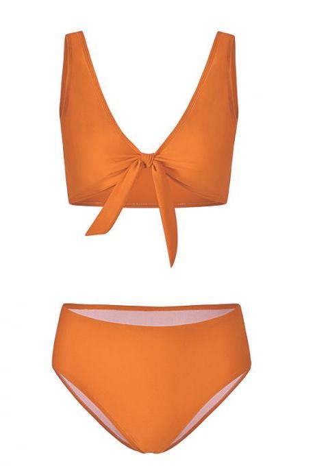 Women Bikini Set Summer Deep V Neck Bow Swimsuit Swimwear Two Piece Set Bathing Suit Orange
