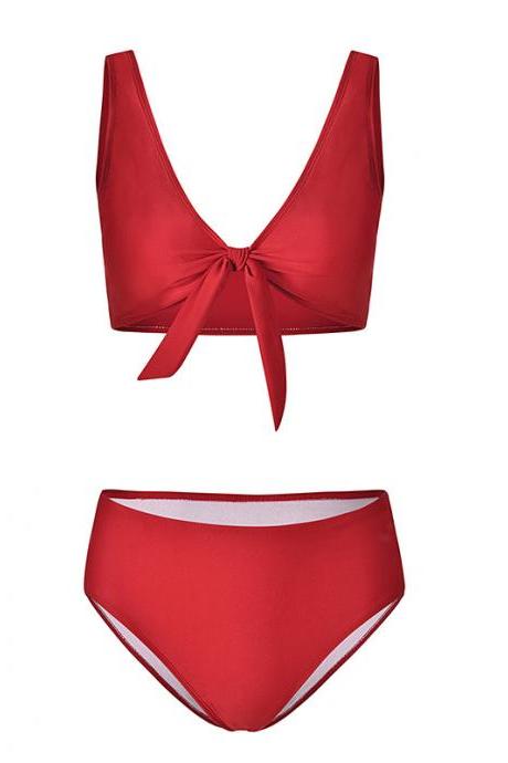 Women Bikini Set Summer Deep V Neck Bow Swimsuit Swimwear Two Piece Set Bathing Suit Red