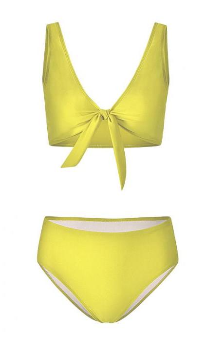 Women Bikini Set Summer Deep V Neck Bow Swimsuit Swimwear Two Piece Set Bathing Suit Yellow