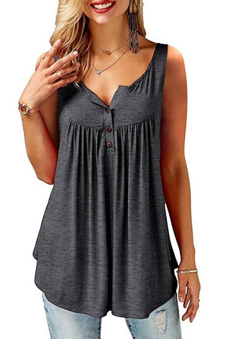 Women Tank Tops Button Plus Size Pleated Summer Casual Loose Sleeveless T Shirt dark gray 