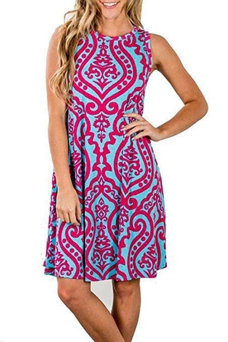 Women Casual Dress Summer Beach Sleeveless Pocket Element Printed Loose Boho Mini Dress 2#