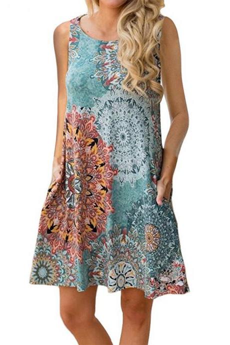 Women Casual Dress Summer Beach Sleeveless Pocket Element Printed Loose Boho Mini Dress 13#