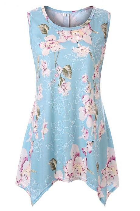 Women Asymmetrical T Shirt Summer Causal Floral Printed Loose Short Sleeve Tees Tank Tops 17#