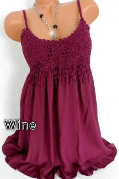 Women Spaghetti Strap Lace Dress Casual Sleeveless Summer Boho Beach Mini Party Sundress Wine Red
