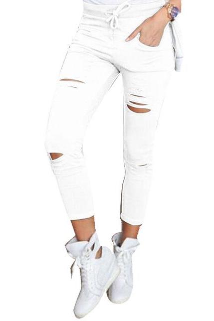 Women Pencil Pants Drawstring High Waist Ripped Holes Casual Skinny Leggings Trousers off white