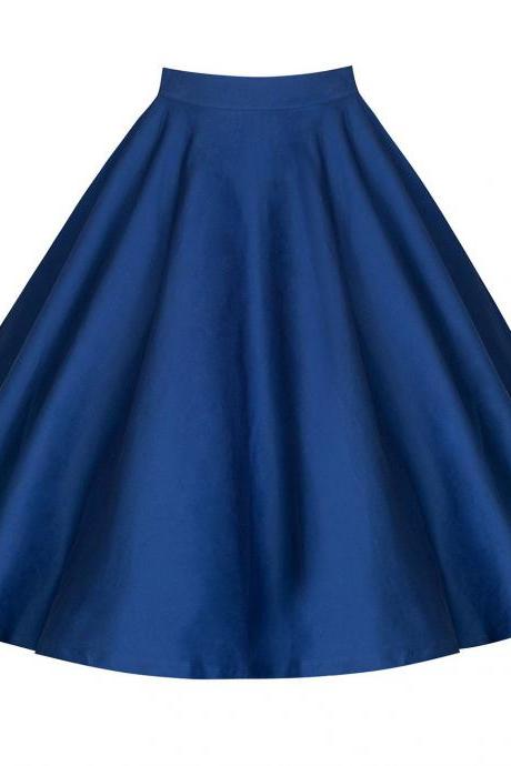 Women Floral Print/Polka Dot Skirt High Waist Vintage 50s 60s A Line Midi Skater Skirt blue 