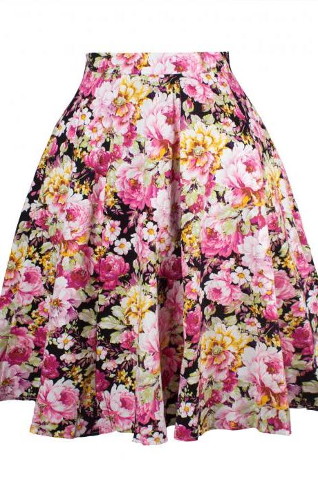 Women Floral Print/Polka Dot Skirt High Waist Vintage 50s 60s A Line Midi Skater Skirt floral