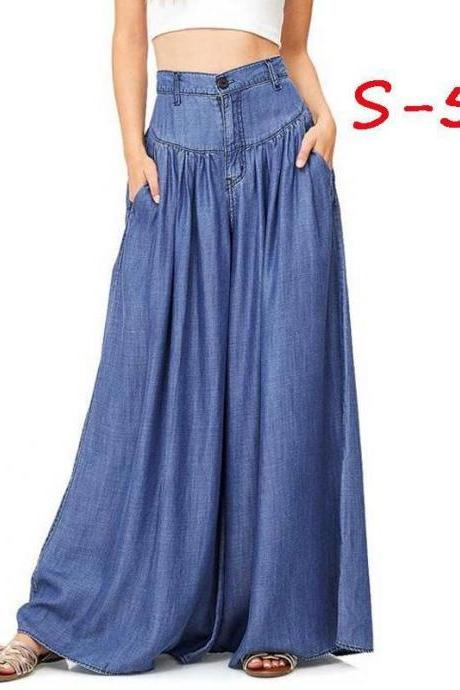 Women Wide Leg Pants High Waist Pockets Casual Loose Plus Size Long Trousers blue